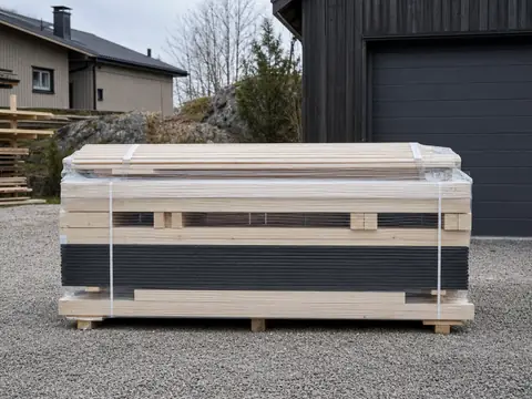 Paketerad byggsats med trämaterial för garage