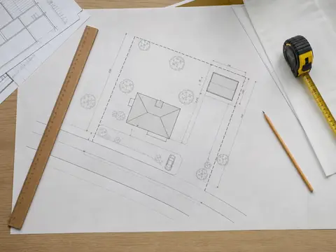 Planering av byggnad på tomtkarta med måttband